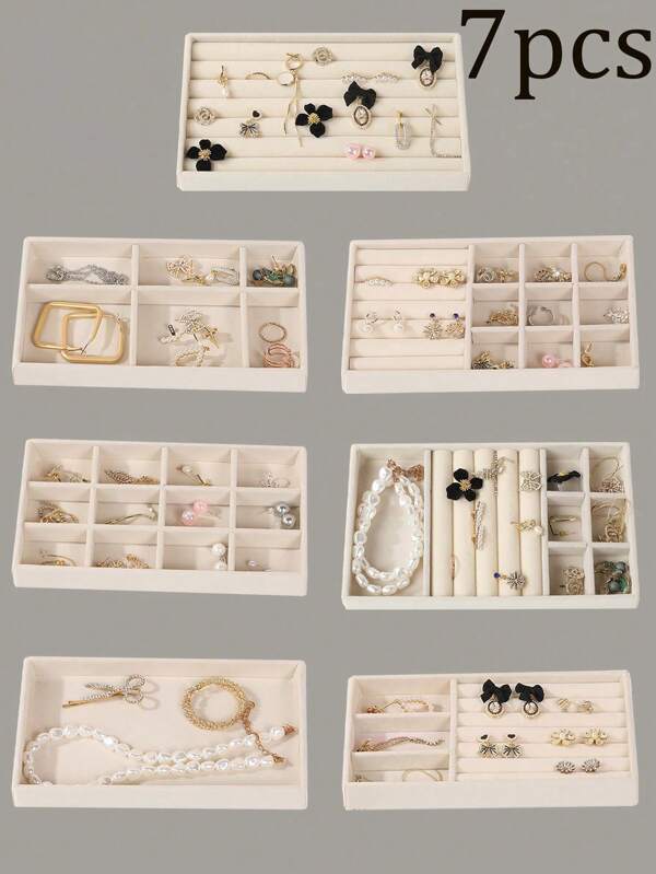 7pcs/Set Jewelry Tray, Jewelry Display Tray, Makeup Storage Box, Jewelry Organizer Tray, Stackable Velvet Jewelry Organizer Tray, Fashion Jewelry Storage Tray, Multi-Grid Jewelry Box, Detachable Jewelry Tray, Large Capacity, Suitable For Jewelry Storage, Personal Jewelry Storage, Display Stand, Makeup Storage And Display, Cosmetic Storage