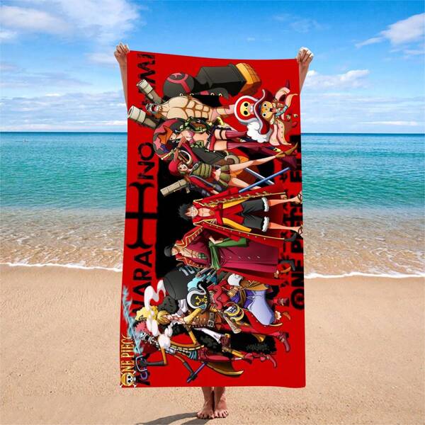 bandai 1pc One Piece Themed Colorful Printed Beach Towel, Cartoon Design, Polyester Microfiber, Quick Drying, Lightweight, Suitable For Hotel, Travel, Beach, Swimming