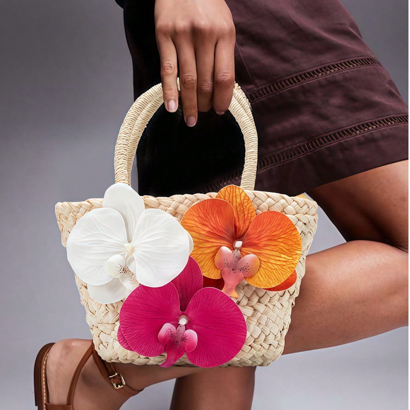 Butterfly Orchid Decor Straw Tote Bag, New Beachside Holiday Woven Handbag, Sweet Floral Beach Basket Bag, Personalized Casual Handheld Shoulder Bag For Women