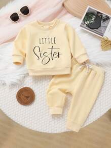 4pcs/Set Casual, Elegant, Sweet, Cute Baby Girls Autumn/Winter Clothing Set, Soft & Comfortable, Letter Slogan Print, Minimalist, Round Neck Long Sleeve Sweatshirt And Bow Decor, Solid Color Elastic Waist Pants - Multicolor - View 3