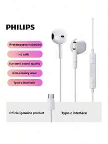 Philips TAE1020 Type C Wired Semi In Ear Earbuds Noise Isolating Mic Built In HD Sound Quality Flexible Cable Easy Control Perfect For Smartphones Tablets