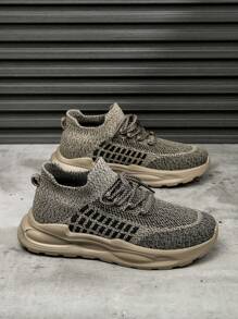 Men's Fashion Striped Knit Mesh Lace-Up Slip-On Casual Sneakers, Versatile, Comfortable, Suitable For Daily Wear, Outdoor, Commute, Wear With Socks