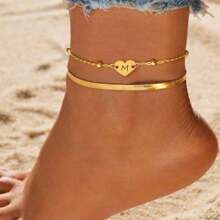 Set de 2 Tobilleras de acero inoxidable con dorado, con cadenas de capas y forma de corazón hueco inicial, de moda para mujeres