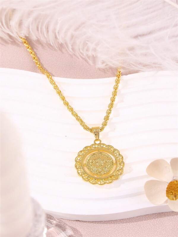 1pc Fashionable & Versatile Small Size Metallic Hollow Flower & Ottoman Pattern Pendant Necklace, Middle Eastern Festival Shawl Arabian Popular Jewelry Gift