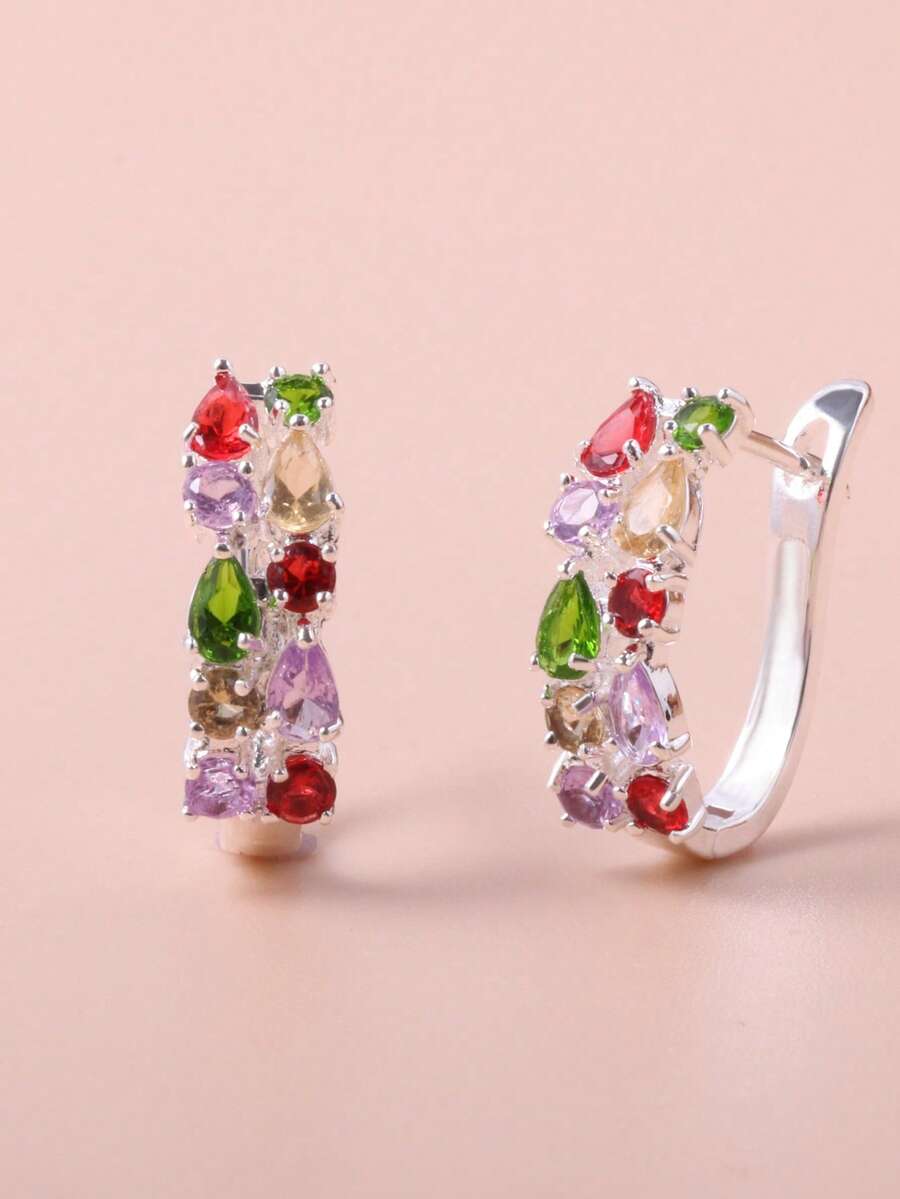 一对时尚金属 U 型夹式耳环，银色调，彩色，适合度假 - 彩色 - 查看 1