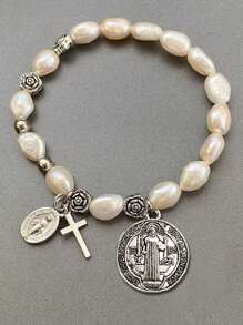 1pc Faux Pearl Beaded Flower & Cross Virgin Mary Pendant Bracelet, Vintage Style Suitable For Men And Women Daily Wear, Jewelry Gift