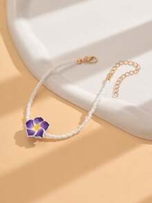 1 件百搭波西米亚海滩度假风格玻璃串珠陶瓷雏菊花脚链，适合女士（陶瓷花上的小孔是正常且不可避免的） - 紫色 - 查看 3