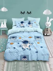 Astronaut Exploration Theme Duvet Cover Set, Cartoon Animal Hippo Bedding Set For Boy Girl Room Decor, 4pcs 1 Duvet Cover + 2 Pillowcases + 1 Flat Sheet, No Fill - D - View 3