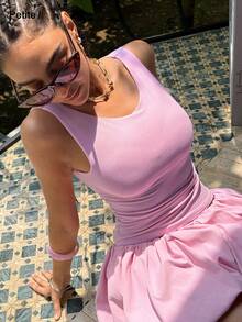 Faeriesty GlamSlay Petite Petite 圆领无袖女式修身背心 - 塑身设计，轻盈街头风必备单品，适合都市、休闲早午餐造型、周末出差、前卫健身风格 - 粉色 - 查看 1