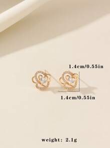 1 par de pendientes de botón con forma de corazón y flores de aleación de cobre con acentos de circonita, de moda y versátiles, ligeros y elegantes para uso diario o fiestas