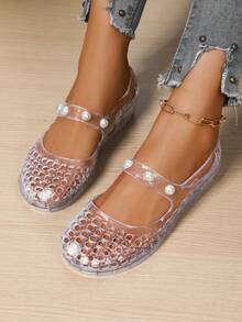 Women's Crystal Clear Jelly Hollow Out Pearl Ankle Strap Non-Slip Casual Fashionable Versatile Summer Sandals