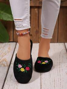 1 Pair Handmade Beaded Floral Retro Round Toe Slippers For Women, Comfortable & Versatile Indoor Slippers, Available In Black, Pink, And Multiple Colors, Plus Size - Black - View 5