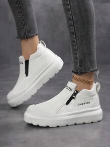 Women's Fashionable Solid Color Large Toe Box Casual Sneakers - With Side Zipper Design - Suitable For Daily Wear