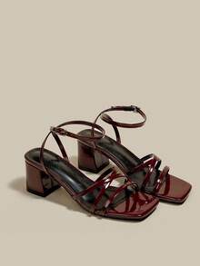 Women's Burgundy High Heel Sandals With Criss-Cross Open Toe Lace-Up Chunky Heels, Strap Summer Shoes - Burgundy - View 6