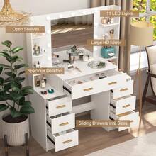 110cm White Dressing Table Set With Led Lighting Mirror, Drawers & Open Multi-Level Shelves, Adjustable Brightness, Large Vanity Makeup Desk Bedroom, Modern Design Bedroom Furniture - White - View 1
