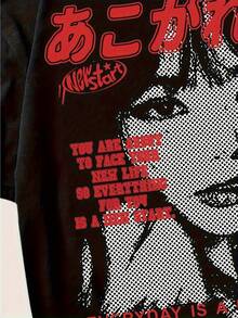Women's Y2K Graphic Print Round Neck T-Shirt - Black Casual Short Sleeve Top With Bold Red Japanese Text & Star Design, All-Season Comfort Fit, Ladies T Shirts, Versatile Clothing, Durable Tee - màu đen - Xem 3