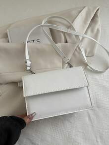 新款女士纯色 PU 材质单肩包，简约时尚，多功能户外小方形钱包，配有可拆卸可调节肩带 - 白色 - 查看 2