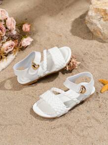 1 Pair Girls Woven Design Flat Sandals, Round Toe Hook And Loop Closure Comfortable Cute Fashion Suitable For Outdoor, Beach Wear In Summer