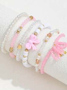 Conjunto de pulseiras de contas de vidro da série rosa, 6 peças, pérolas falsas, argila macia, feitas à mão, com posicionamento e empilhamento, laço fofo, sexy e versátil para férias Y2K