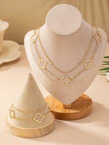 1 Set Vintage Hollow Clover Pendant Necklace And Bracelet, European Style Elegant Necklace & Bracelet Set For Women - Yellow Gold - View 2