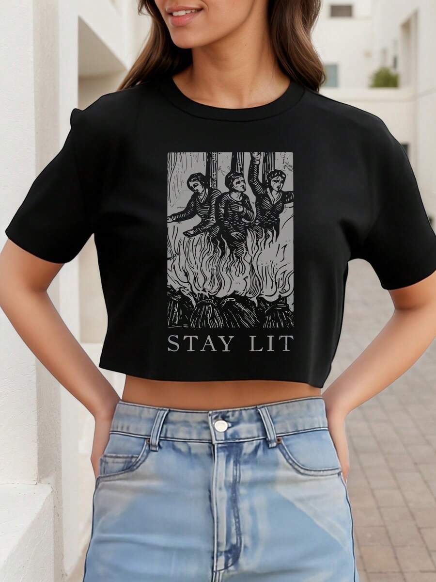 Women's Gothic Stay Lit Crop Top TShirt Exposed Navel T-Shirt , Women's New Summer Casual Crew Neck Pure Cotton Short-Sleeved T-Shirt(1 PC) - 黑色 - 查看 1