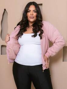 PLUS SIZE WOMEN'S BLOUSE WITH ZIPPER, POCKETS AND FUR - 淺粉色 - 查看 5