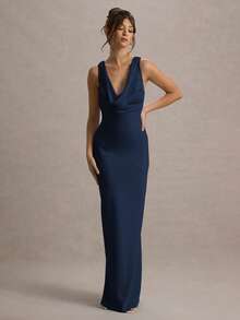 优雅缎面紧身鱼尾露背系带性感连衣裙 - 藏蓝色 - 查看 4