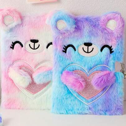 1 PC Girls Diary With Lock Secret Kids Journal Notebook Gift For Writing And Drawing, Hardcover Fuzzy Cute Bear Diary With Crystal Stickers For Girls , Back To School Gifts