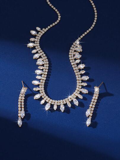 Conjunto de joyería de lujo para mujer, collar con rhinestones + aretes, diseño elegante y versátil para ocasiones formales, bodas, fiestas