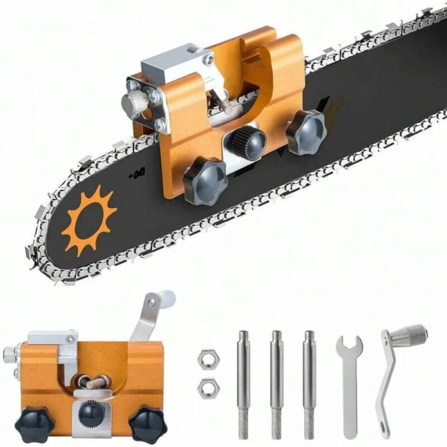 Affûteur de tronçonneuse, set d'affûtage de tronçonneuse, comprenant 3 lames au carbure, convenant à tous les types de tronçonneuses, outil d'affûtage de tronçonneuse portable à manivelle - Orange - Voir 1
