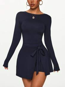 Women's Summer Anti-Exposure Tight Sports Dress, Sexy Slit Lace-Up U-Back Tennis Skirt - Navy Blue - View 1