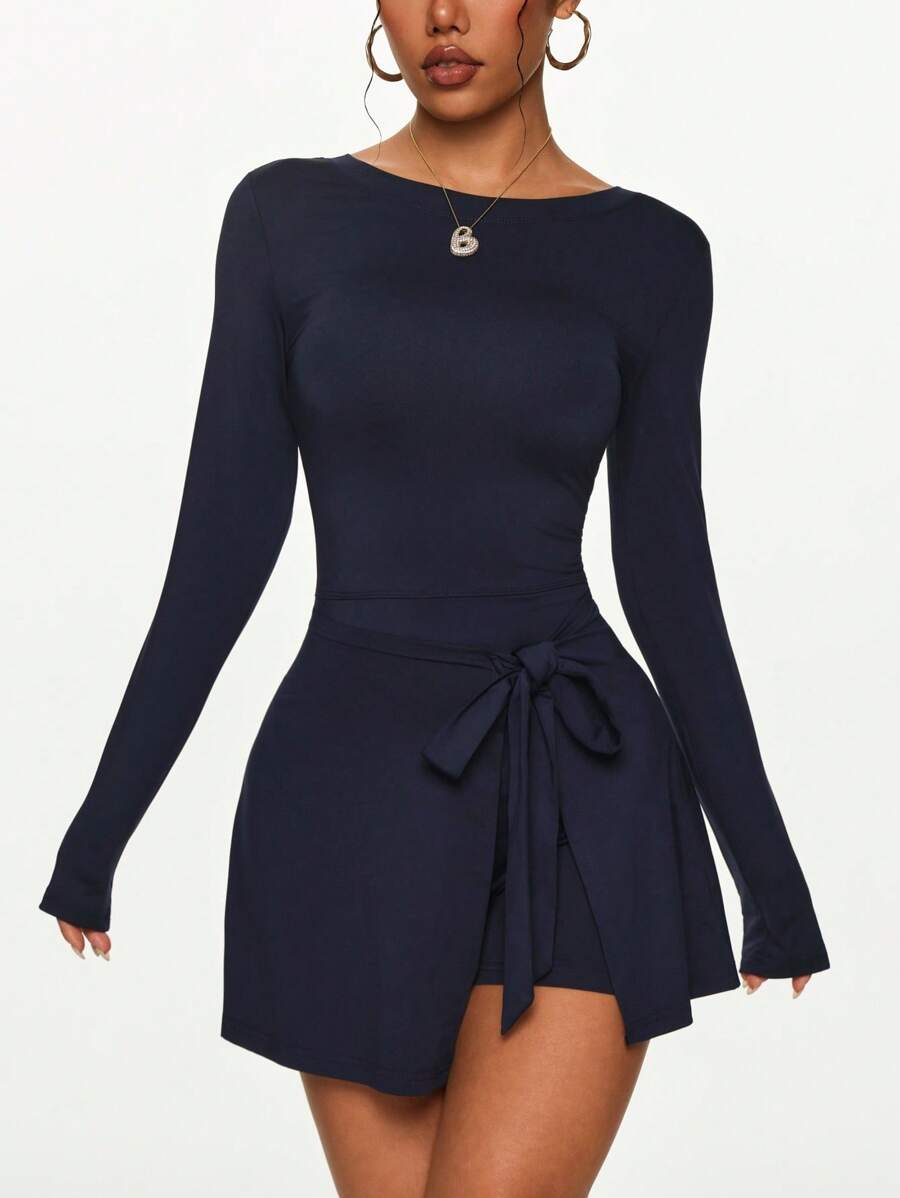 Women's Summer Anti-Exposure Tight Sports Dress, Sexy Slit Lace-Up U-Back Tennis Skirt - Navy Blue - View 1