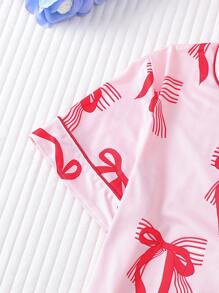 Set de 2 piezas de ropa de dormir ignífuga para niños, nueva para el verano, cárdigan casual de manga corta abierto, lavable, impreso con moño rosa, ropa exterior y de estar en casa para niñas, para niños pequeños y niños