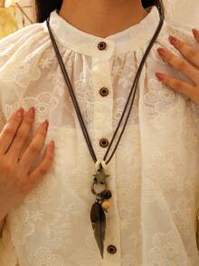 1pc New Chinese Style Zen Retro Star Feather Bowknot Multi-Pendant Long Necklace For Women, Fashionable National Style Elegant Delicate Accessory Suitable For Daily, Vacation, Holiday Wear - Ancient Bronze - View 7