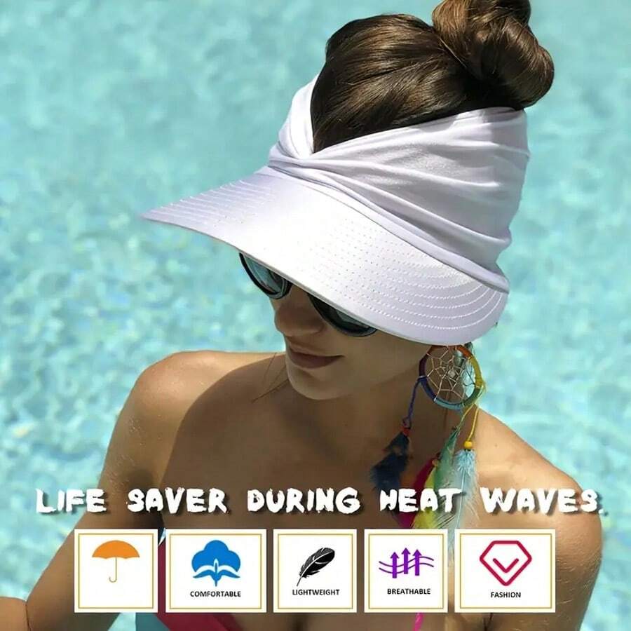Women's Breathable Pleated Sun Hat - Wide Brim Sun Hat For Beach, Tennis And Outdoor Activities, Adjustable Straps, Polyester, Hand Wash Only, Pure White, Beach Sun Protection | Fashion Sun Hat, Sports Sun Hat - A - 查看 1