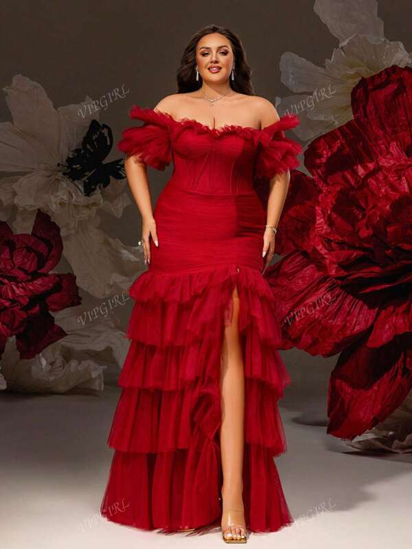 VIPGIRL Vestido formal de sirena de malla roja con volantes en el hombro y volantes de talla grande, vestido de gala con corsé fruncido, vestido de graduación para mujeres, vestido de noche glamoroso, vestido elegante para curvas, vestido de fiesta, vestido para invitados de boda
