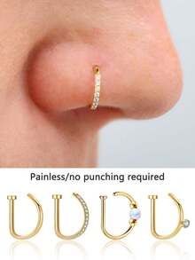1/3/5pcs Men And Women Fake Pierced Nose Rings Fashion 18K Gold D-Shaped Punk Hip Hop Fake Nose Ring Non-Piercing Inlaid Zirconia/Opal Nose Clip Stainless Steel Pierced Nose Septum For Teenagers Body Jewelry, Suitable For Men And Women Daily Wear, Prom, Party, Valentine's Day, Halloween, Christmas, Mother's Day, Girlfriend/Boyfriend/Mother/Father/Birthday Holiday Gift - Multicolor - View 1