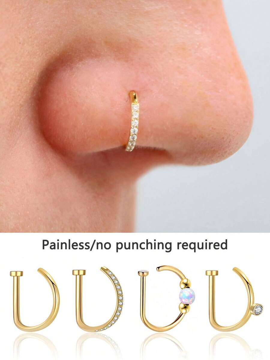 1/3/5pcs Men And Women Fake Pierced Nose Rings Fashion 18K Gold D-Shaped Punk Hip Hop Fake Nose Ring Non-Piercing Inlaid Zirconia/Opal Nose Clip Stainless Steel Pierced Nose Septum For Teenagers Body Jewelry, Suitable For Men And Women Daily Wear, Prom, Party, Valentine's Day, Halloween, Christmas, Mother's Day, Girlfriend/Boyfriend/Mother/Father/Birthday Holiday Gift - Multicolor - View 1