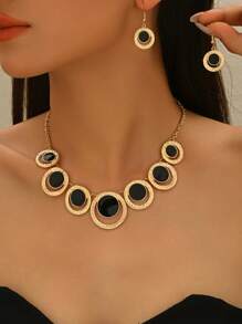 Conjunto de 3 peças de colar geométrico de metal elegante e elegante + brincos, conjunto de joias para mulheres, colar com pingente circular vazado boêmio vintage, adequado para uso diário, viagens, comemoração de feriados, melhores acessórios para presente