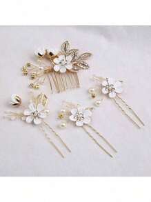 4-delige set elegante en charmante bruidshaaraccessoires, hoofddekselset voor bruiden (de plaatsing van de handgemaakte bloemen kan enigszins variëren) Haarkammen, kammen voor haar, zijkam