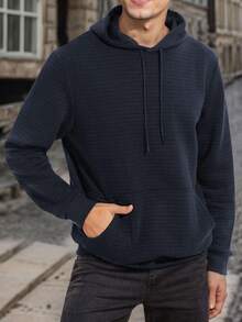 Men's Waffle Hoodie Solid Loose Fit Pullover Tops With Pockets Casual Long Sleeve Sweatshirts For Fall Winter - Navy Blue - View 2