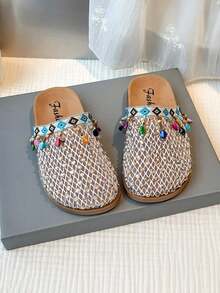 1 Pair Children Breathable Rhinestone Embellished Slip-On Sandals, Retro Style, Suitable For Summer - Gold - View 3