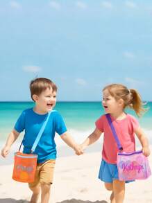 Personalized Mesh Beach Bag Set – Custom Name Seashell Bags For Kids,Bucket & Shoulder Style Summer Pool Tote Combo