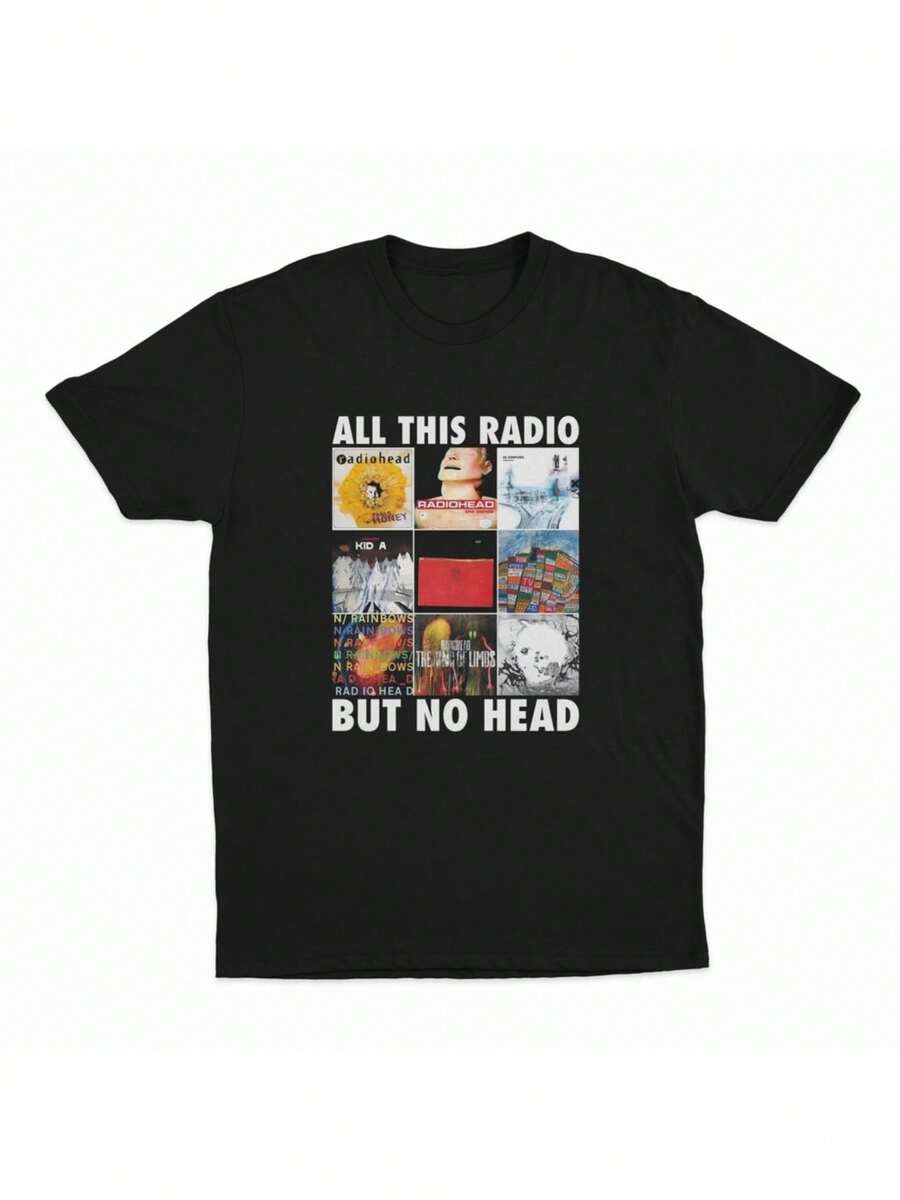All This Radio But No Head T-Shirt Funny Rock Band Men Women Street Sports Short Sleeve Cotton Street Hip Hop Top - 黑色 - 查看 1