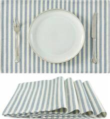 JINCHAN Linen Floral Fall Placemats Set Of 4 Cloth Table Mats Rustic Cottagecore Jacobean Outdoor Seasonal For Kitchen Dining Table Decor Non-Slip Washable Tablemats 13x19 Inch Green - 條紋 | 藍色 - 查看 2