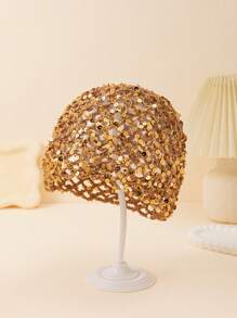 1 件女士时尚轻质长款无檐小便帽，带镂空亮片装饰，手工编织，适合春、夏、秋季日常户外穿着