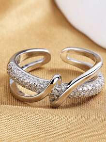 1pc Aloof Geometric Criss-Cross Wrapped Zirconia Stone Open Ring For Women