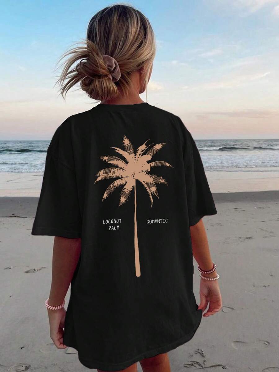 Ladies' Summer Leisure Vacation Style Coconut Tree Slogan Printed Round Neck Short Sleeved T-Shirt Fashionable And Versatile Women's Top Suitable For Daily Wear.Graphic Tees Women White Top Black Top - Black - View 1
