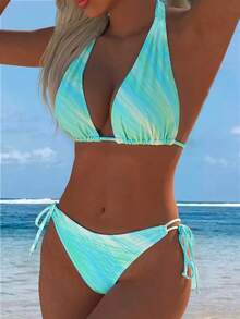 European And American Fashion Backless Bikini 2 Pieces Set Pink Gradient Colorful Print Swimsuit Summer Beach Essential - Green - View 2