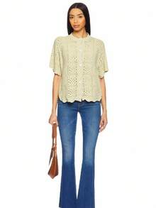 Gładka krata swobodny ładny materiał wydrążony guzik ściągaczowy kardigan top codzienny podróż lato